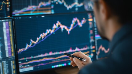 Analyzing financial trends with graphs office workspace data visualization modern environment close-up perspective