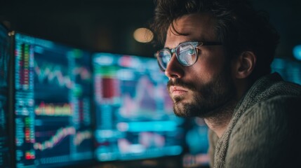 Analyzing market trends financial analysis office night close-up data visualization insights