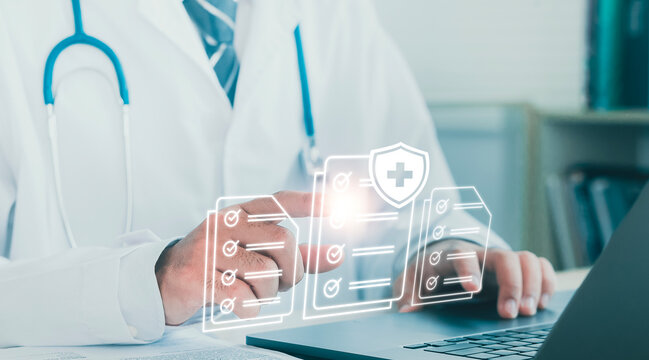 A medical professional reviews patient feedback and ratings on a platform, a healthcare assessment system to improve services and patients and quality of care.