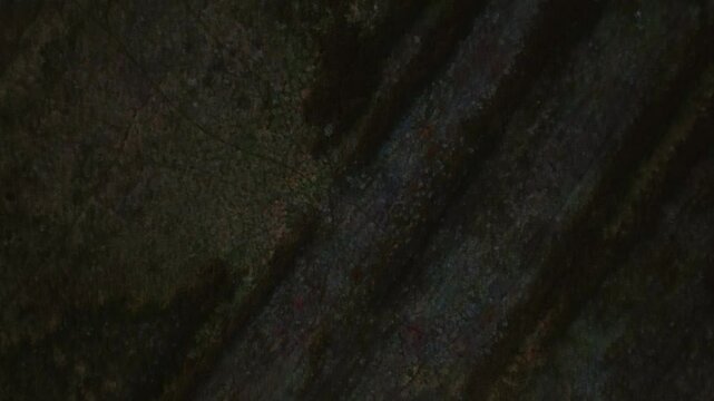 Bragan, County Monaghan, Ireland, September 2022. Drone top shot bird's eye view tracking across bog wetland with grass textures and tire tracks on landscape, natural backdrop background.