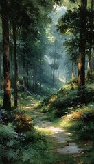 Fototapeta premium Forest Path Sunlight Morning.