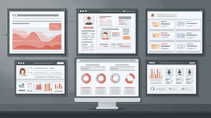 Digital analytics dashboard overview virtual workspace infographic modern design user-centric data visualization insights