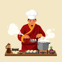 Chef Cooking Dumplings in a Pot Over Flame Preparing Traditional Food