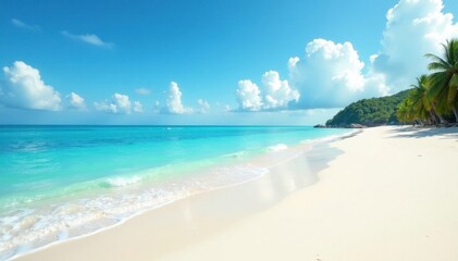 Obraz premium White sand, gentle waves lapping shore, vast sky , vacation, tropical, beach