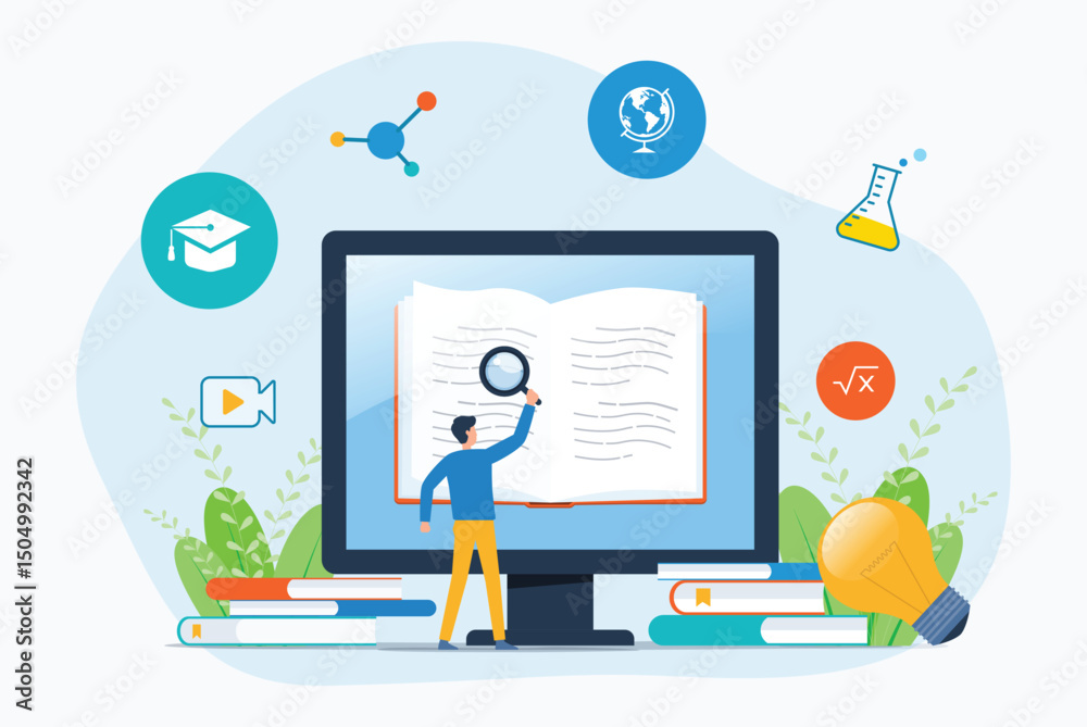 Poster online education and E-learning concept with students reading  books online and working on computer monitors. flat vector illustration design
