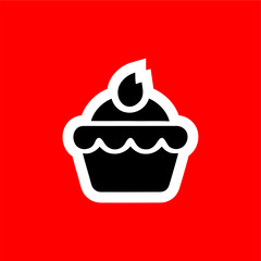 Cupcake Icon with Frosting and Flame on Red Background
