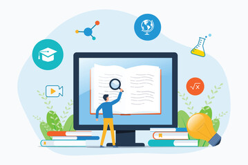 online education and E-learning concept with students reading  books online and working on computer monitors. flat vector illustration design
