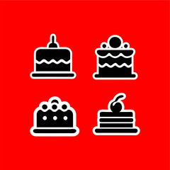 Set of Cake Icons in Black and White on Red Background
