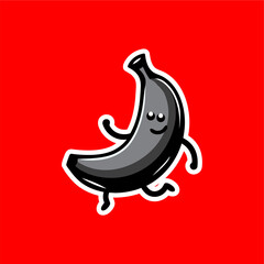 Happy Black Banana Cartoon Icon on Red Background
