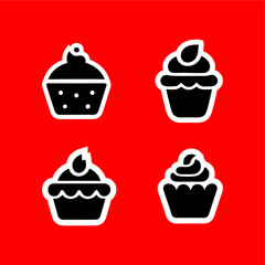 Cupcake Icon Set in Black and White on Red Background
