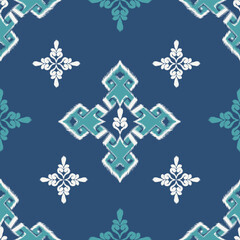 Ikat seamless floral pattern on bule tone , Motif ethnic floral seamless textil, embroidery, print striped ornament floral, pattern, design for wrapping, silk, scarf, background, text