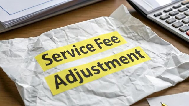Citizen hidden tax concept. A crumpled sheet with "Service Fee Adjustment" written, placed on a desk beside a calculator and pen.
