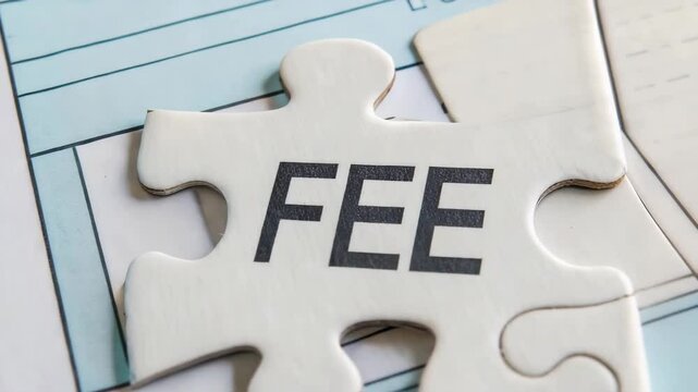 Citizen hidden tax concept. A large puzzle piece with the word "FEE" lies on top of financial documents.