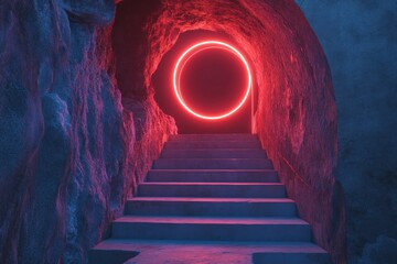 A mysterious concrete staircase leading to a glowing red neon circle within an arched gateway, creating a striking futuristic scene.