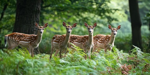 A small herd of deer grazing among ferns in a quiet woodland setting