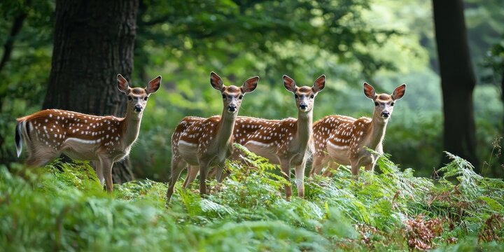 A small herd of deer grazing among ferns in a quiet woodland setting