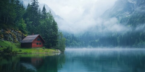 Fototapeta premium A small wooden cabin by a tranquil mountain lake, with mist hovering over the water