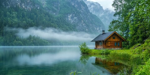 Fototapeta premium A small wooden cabin by a tranquil mountain lake, with mist hovering over the water