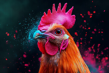 Vibrant close-up of a rooster with colorful dust particles against a dark background