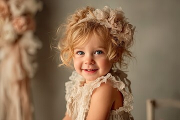 Fototapeta premium Adorable Toddler Girl with Curly Blonde Hair Wearing a Flower Headband and Lace Dress