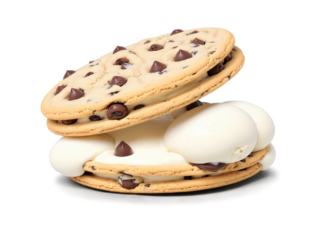 Ice Cream Sandwich A thick scoop of creamy vanilla ice cream sandwiched between two soft, chewy chocolate chip cookies.