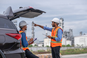 Engineers wear uniform standing near the open trunk of a vehicle hand holding document show, survey inspection work plant site use tablet see detail of work with oil refinery background.