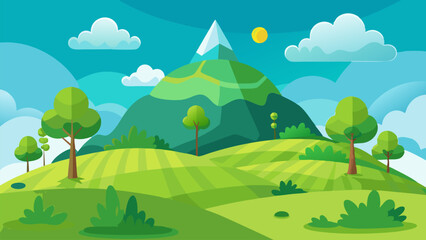 Naklejka premium Serene Green Landscape. Rolling Hills. Blue Sky. and Majestic Mountain