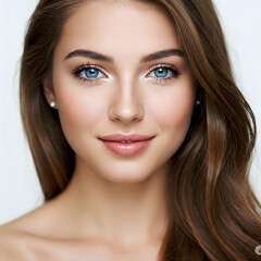 Fototapeta premium Close-up Portrait of a Serene Young Woman with Striking Blue Eyes and Wavy Brown Hair, Featuring Natural Beauty and a Gentle Expression