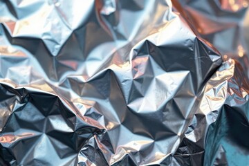 Close-up of crumpled silver foil, showing depth and light reflections , background texture, holiday background, crumpled foil