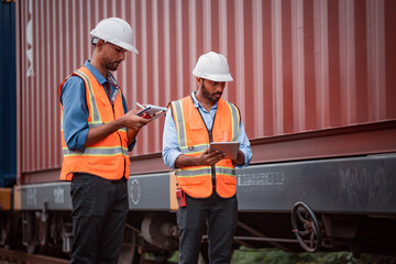 Engineers holding detail under survey and checking containers and industrial railway truck...