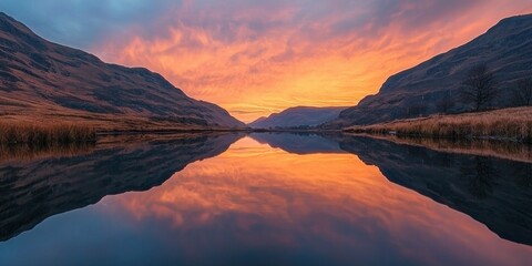 Fototapeta premium A still river capturing the warm glow of the evening sky in perfect symmetry