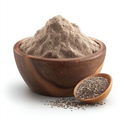 A pile of flour in a wooden bowl, with chia seeds beside it