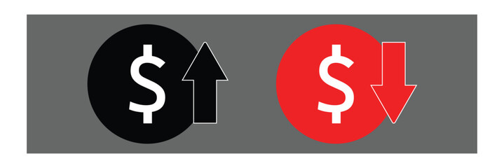 Obraz premium Dollar price up and down icon line style. Dollar coin graph up and down. Money cost arrow growth, decline. Dollar increase and decrease&nbsp;vector&nbsp;icons. Vector Illustration&nbsp;.&nbsp;EPS&nbsp;20&nbsp;. 