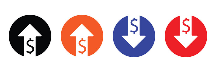 Dollar price up and down icon line style. Dollar coin graph up and down. Money cost arrow growth, decline. Dollar increase and decrease vector icons. Vector Illustration . EPS 20 . 