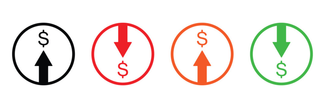 Dollar price up and down icon line style. Dollar coin graph up and down. Money cost arrow growth, decline. Dollar increase and decrease&nbsp;vector&nbsp;icons. Vector Illustration&nbsp;.&nbsp;EPS&nbsp;20&nbsp;. 
