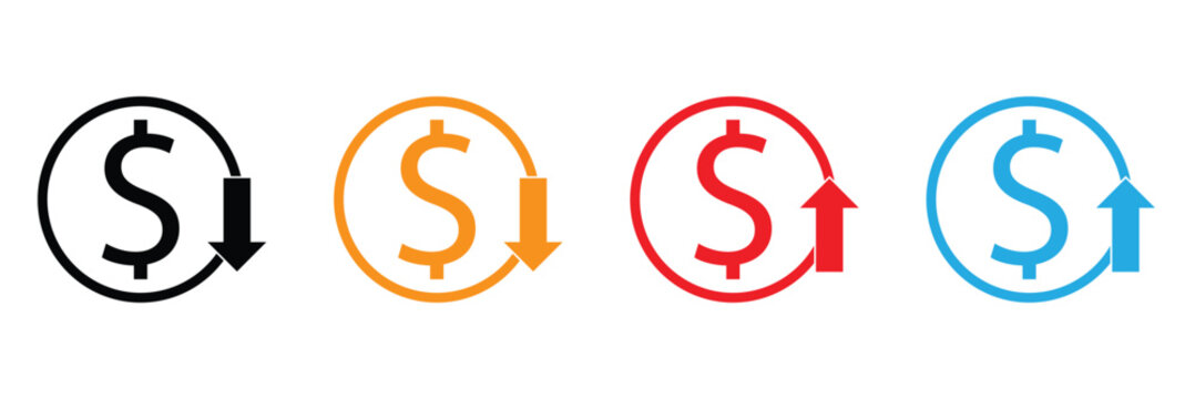 Dollar price up and down icon line style. Dollar coin graph up and down. Money cost arrow growth, decline. Dollar increase and decrease&nbsp;vector&nbsp;icons. Vector Illustration&nbsp;.&nbsp;EPS&nbsp;20&nbsp;. 