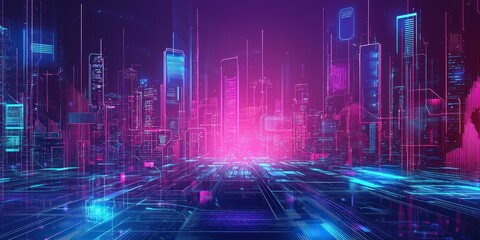 A neon-lit cyberpunk world with hovering geometric structures forming a cityscape