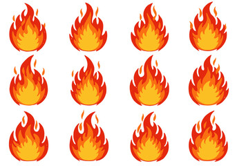 Cartoon Fire Collection: Bright Flames on White Background