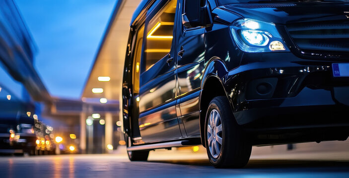 Luxury Black Van at the Airport at Night
