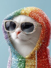Weiße Katze mit Glitzer-Sonnenbrille und Regenbogenkapuze