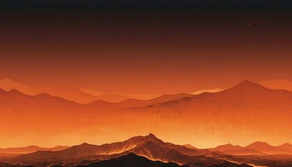Fototapeta premium A vista of a mountain range on a landscape of a planet, bathed in a warm, glowing, orange light.