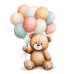 Adorable teddy bear holding pastel balloons in soft watercolor vector style, isolated on white background with clean margins and high resolution, perfect for nursery, baby shower, and children's 
