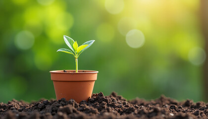 Plant in Pot with Soil and Green Background