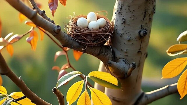 A close-up of a bird&rsquo;s nest with speckled eggs resting gently on a forked tree branch, with golden sunlight filtering through leaves.

