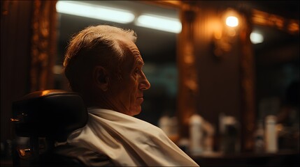 Side profile of elderly gentleman seated in vintage barber chair with reflection in classic mirror under warm salon lighting, capturing timeless grooming atmosphere and refined character