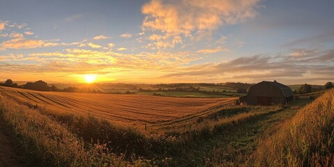 Obraz premium A panoramic view of a countryside barn at sunrise, with warm light illuminating the fields