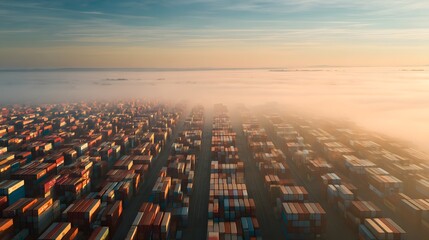 Obraz premium Shipping containers arranged in geometric patterns viewed from high angle in industrial logistics hub, surrounded by soft morning fog for atmospheric global trade concept