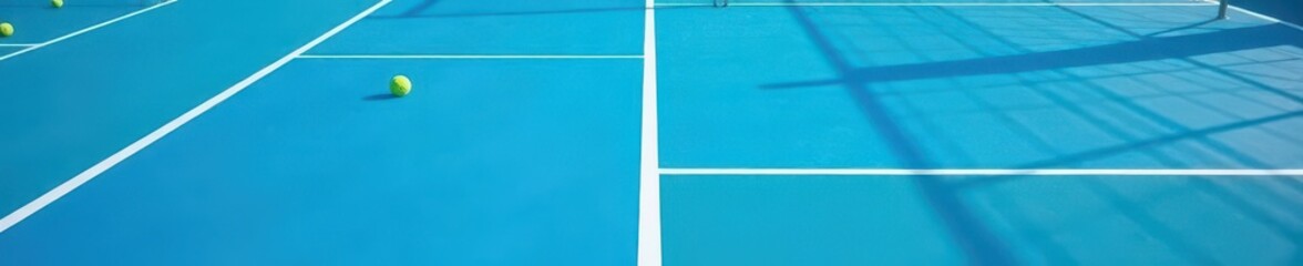 Crisp white lines mark a vibrant blue tennis court , summer activity, acrylic court