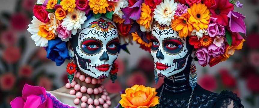 Elegant Catrina & Catrin skull makeup, vibrant floral headdresses, modern & traditional attire, Day of the Dead, modern costume
