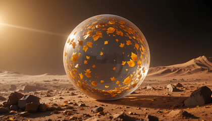 "Golden autumn leaves gently swirling in zero gravity inside a transparent biodome on Mars"
